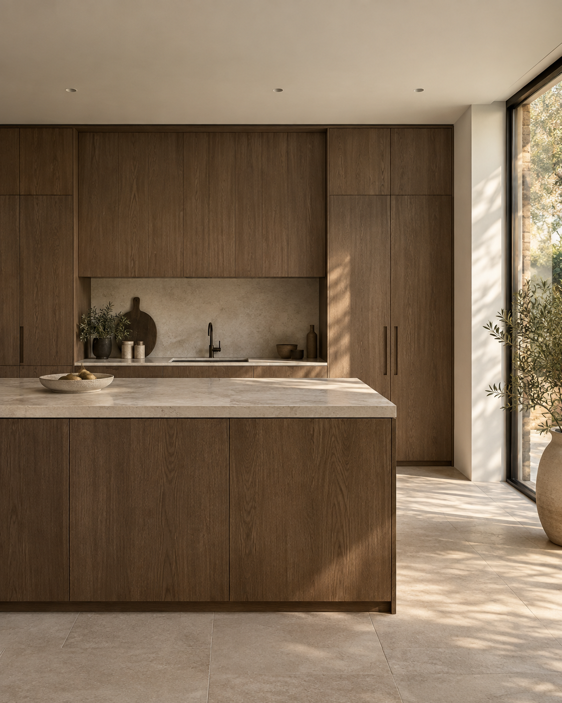 Kitchen concept with warm oak cabinetry, a pale stone island, and natural daylight